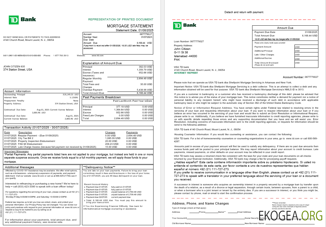 Relevé hypothécaire de la banque TD aux États , Unis aux formats Word et PDF, 3 pages 1 , 2